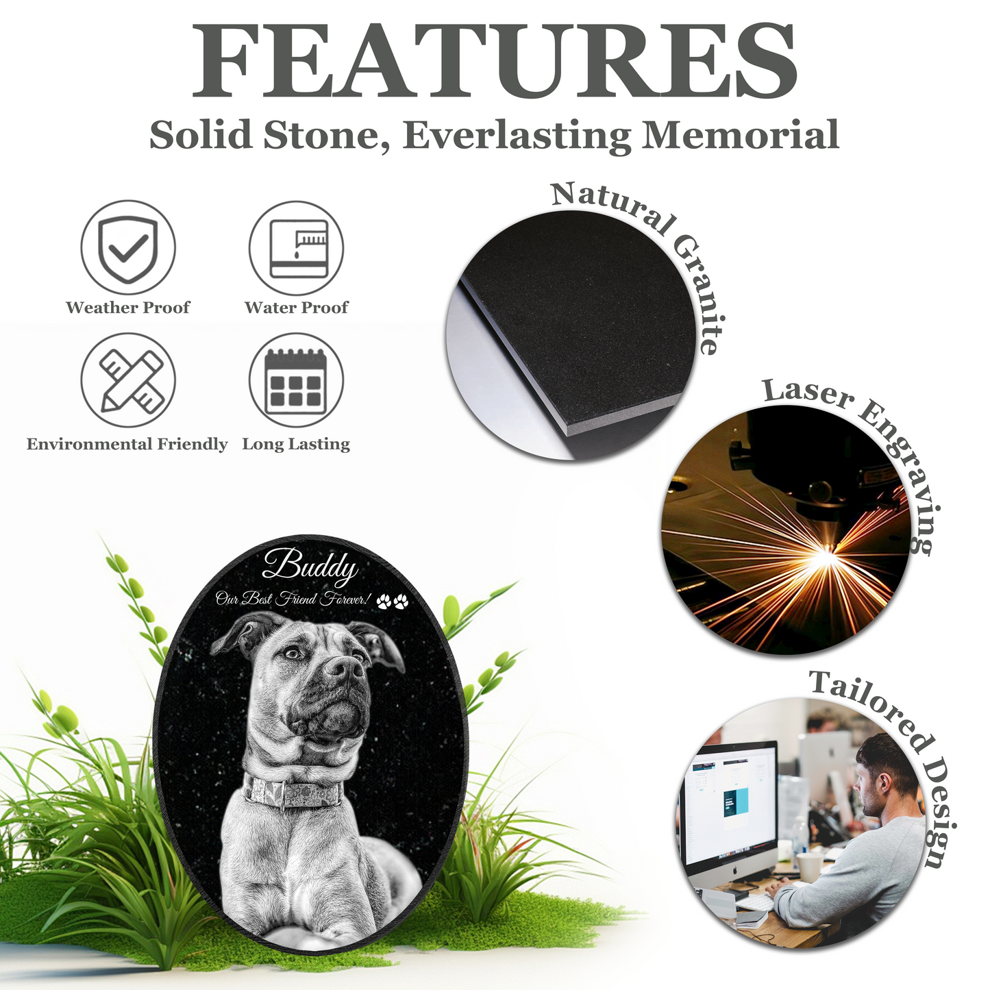 EVRPIC Pet Grave Marker & Memorial Plaque Personalized | Theme: Laser-Etched (Pet) | Ratio: 1v1.5 Oval